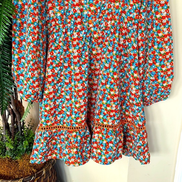 Brand New Umgee Floral Long-Sleeved Button Down Dress Crochet Trim Collared Mini - Picture 7 of 16